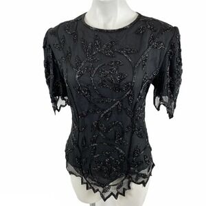 Vintage Silk Blouse Women’s XXS | Black Sequined